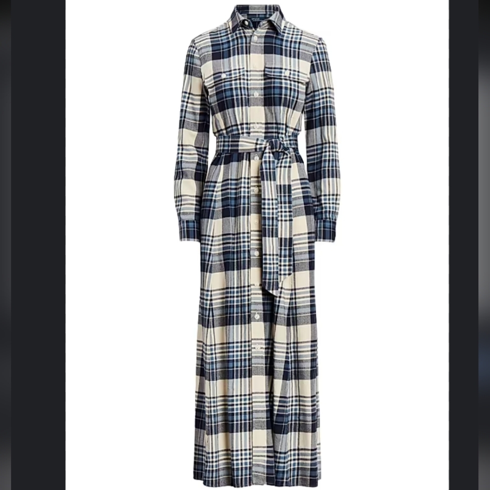 Polo Ralph Lauren Plaid Cotton Twill Shirtdress Maxi Dress 0 Blue White